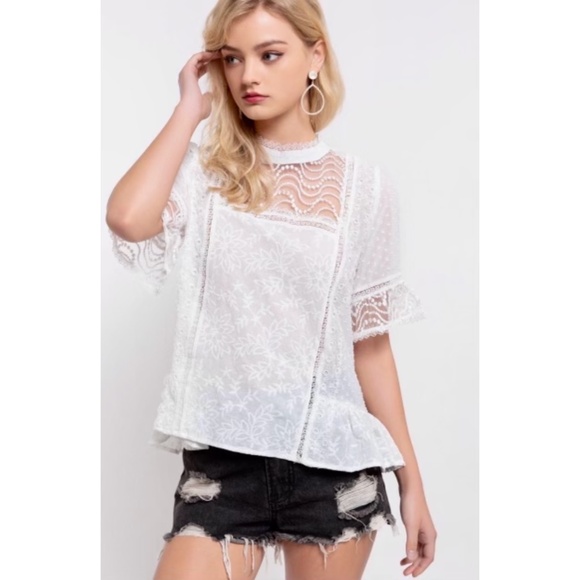 POL White Victorian Inspired Lace & Swiss Dot Short Sleeve Top - Picture 6 of 6